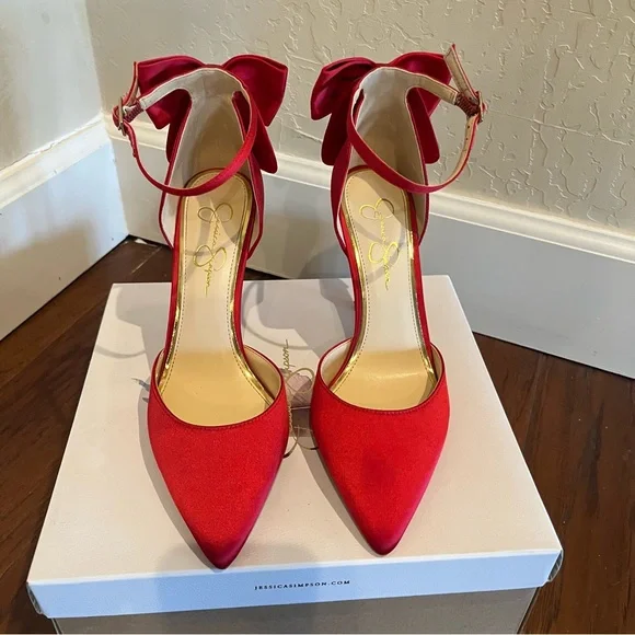 Jessica Simpson Red Satin Heels with Bow - Picture 3 of 12